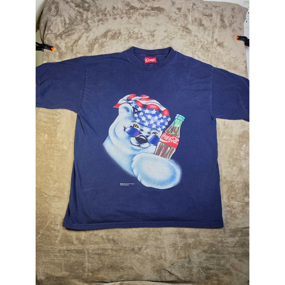 Vintage 1995 Coca-Cola Polar Bear T-Shirt Mens XL Navy Blue USA Made 90s‎ Coke